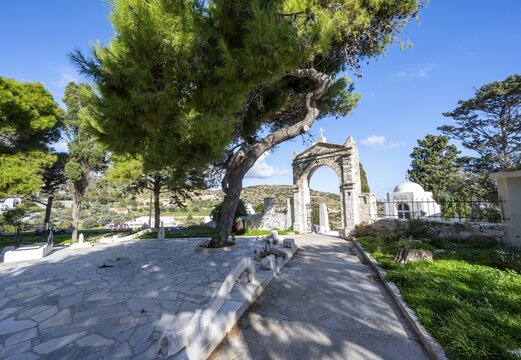 Entrance to the cemetery of Lefkes, Paros, Cyclades, Greece