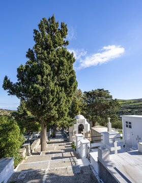 White graves at the cemetery of Lefkes, Paros, Cyclades, Greece