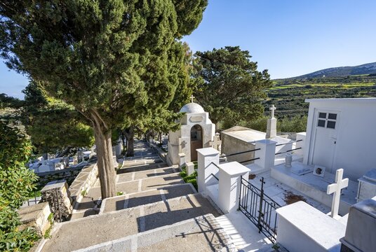 White graves at the cemetery of Lefkes, Paros, Cyclades, Greece