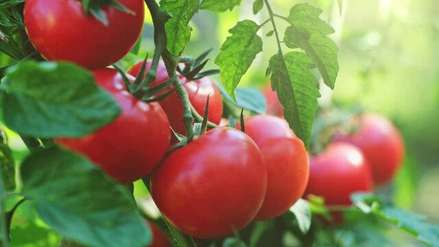 Vegetable harvest on a homestead farm, tomato branch with fresh fruits moving in the breeze during organic vegetable cultivatio