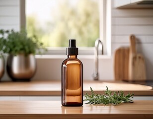minimalist essential oil bottle on wooden table with herb sprig in bright kitchen