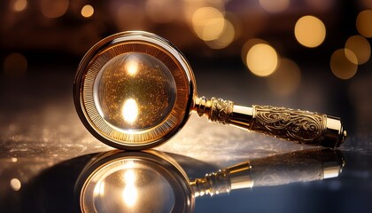 intricate golden magnifying glass resting on a smooth surface reflecting light and inviting curiosity perfect for exploration and discovery
