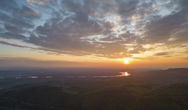 Aerial view of sunrise over the Danube, Furth bei G&ouml;ttweig, Lower Austria, Austria