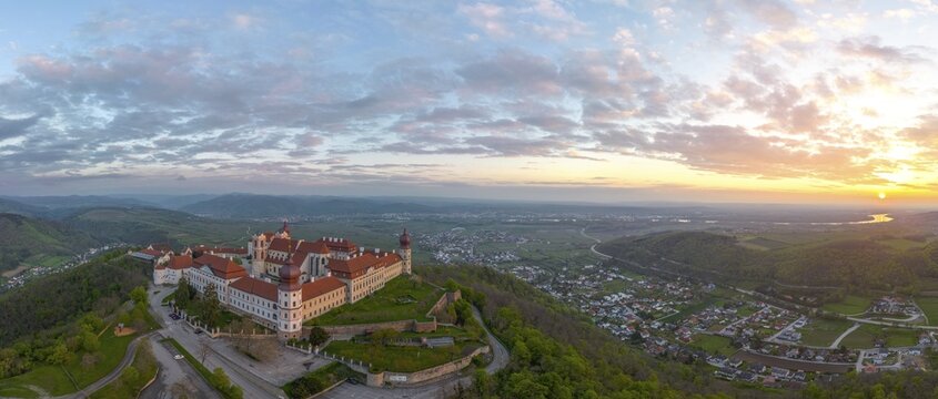 Aerial view of G&ouml;ttweig Abbey and sunrise over the Danube, Furth bei G&ouml;ttweig, Lower Austria, Austria