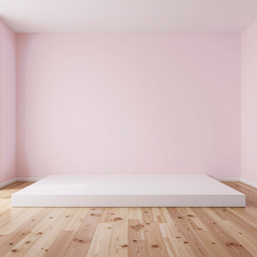 A minimalistic, pastel pink studio or office background with a blank, wood-floored white room for branding design showcase