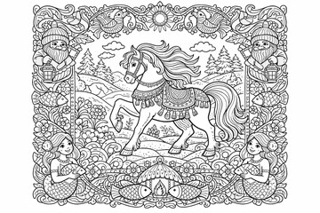 Fototapeta premium A lively pony trots through a hilly landscape framed by mermaids, fish, and gnome figures, offering an intricate fantasy coloring page full of playful detail and charm.