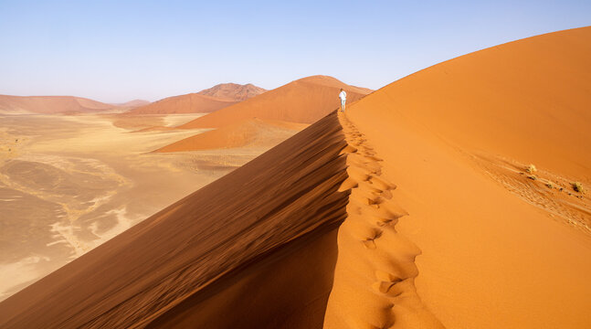 Person in the vast Namibian desert landscape