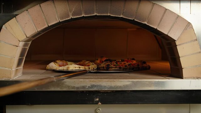 Skilled hands prepare authentic Italian pizzas with fresh mozzarella, San Marzano tomatoes, basil, pepperoni on rustic counter, baking in brick oven. Irresistible culinary authenticity