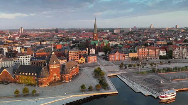 Aarhus cityscape in Denmark with modern waterfront, urban architecture and Scandinavian lifestyle atmosphere. Aerial View shows vibrant city center and coastal surroundings