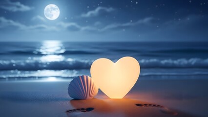 Fototapeta premium Glowing heart and seashell on a beach under a full moon. Romantic coastal getaway and evening peace. Luminous heart symbol resting on sand with footprints leading to the ocean.
