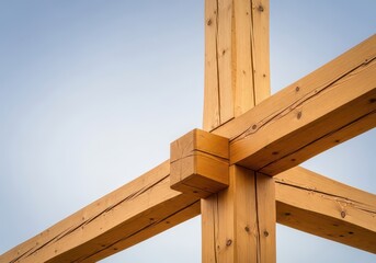 Naklejka premium Large, strong wooden beams forming the structural framework of a new residential building, highlighting traditional joinery techniques and natural materials, heavy timber, renovation, fabrication