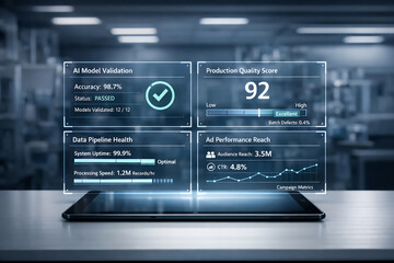 Digital Interface on Tablet Displaying AI Model Validation Results Production Quality Score and Data Pipeline Health Metrics for Enterprise
