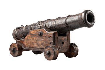 Antique Wooden Cannon Model on White Background