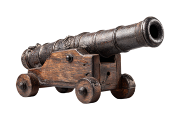 Antique Wooden Cannon Model on White Background