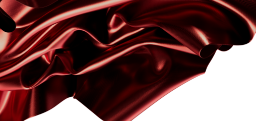 Close-up of luxurious red satin material with a subtle texture creating a flowing wave on a white ba