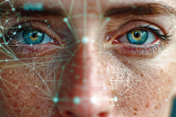 Digital facial recognition technology scanning detailed human face blue eyes and skin texture with interconnected glowing nodes and lines network pattern