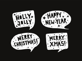 Happy new year background with crayon snowflakes and speech bubble with holiday text. Holiday banners with  chalk texture, vector illustration