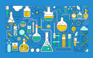 Science laboratory, school chemistry background with abstract geometric background. Medical, chemical or biology lab, school education concept with dna molecule, tubes and flasks, vector illustration
