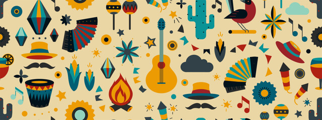 Festa junina poster - geometric seamless pattern. Summer brazilian carnival banner with icons of music, lanterns, flowers, hats and flags. Geometric banner of june festival in Brazil, vector illustrat