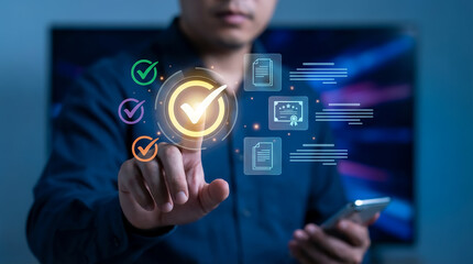 Quality assurance and certification concept with businessman touching a glowing checkmark symbol