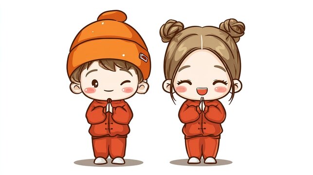 Pair of cute cartoon characters in red suits smiling with hands together, one winking with rosy cheeks on white background, for emoji, sticker and kids product design