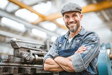 A smiling craftsman poses confidently in a workshop, showcasing his expertise and pride in his work, surrounded by machinery.