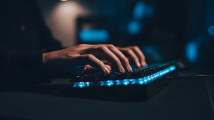 Professional software developer hands typing code on a backlit mechanical keyboard with blue LED lights in a dark environment focusing on cybersecurity and programming.