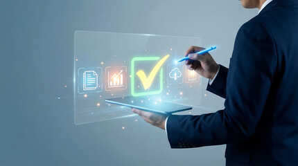 Businessman using stylus on digital tablet for electronic document approval and quality control check