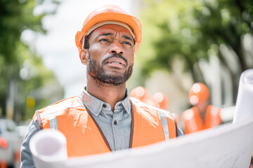 A construction worker assesses plans on-site, wearing an orange safety vest and helmet, with colleagues in the background, reflecting focus and professionalism.