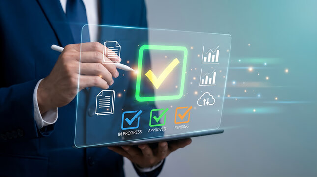 Workflow management and task approval status with businessman tracking progress on digital tablet interface - Powered by Adobe