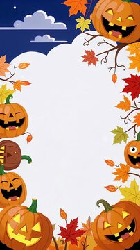 Autumn Halloween Frame with Smiling Pumpkins Border.