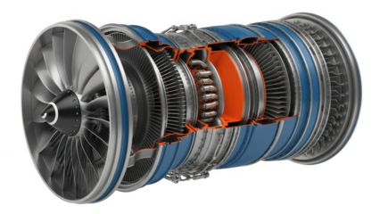 Cutaway jet engine model isolated on transparent background