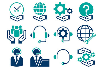 Flat-style icons in teal and navy blue showing support, technical assistance, global service, and help desk tools. vector illustration.