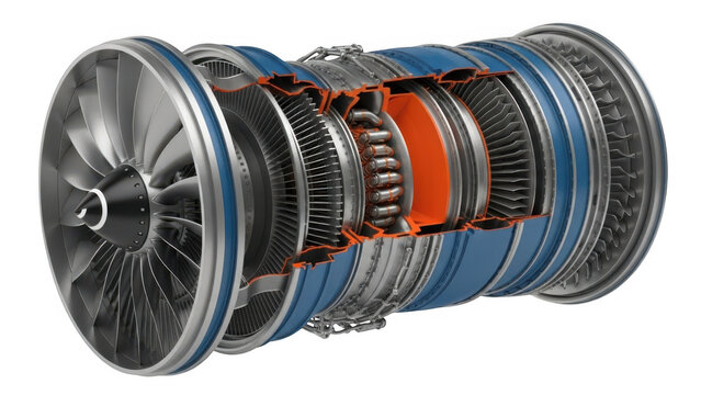 Cutaway jet engine model isolated on transparent background