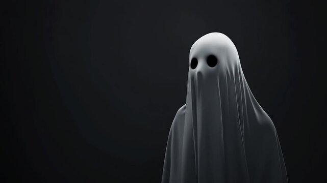 Ghostly figure draped in a white sheet eerily swaying in the shadows. Spooky halloween theme of a chilling otherworldly entity