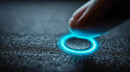 Human finger pressing glowing blue illuminated touch button on textured dark surface symbolizing digital interaction and futuristic technology concepts