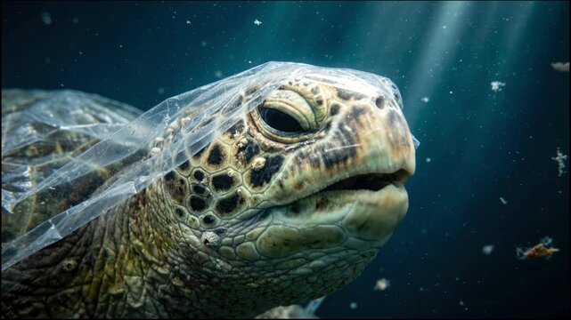 Powerful close up video of a sea turtle trapped in a plastic bag underwater, highlighting ocean pollution, environmental crisis, and the impact of plastic waste on marine life.