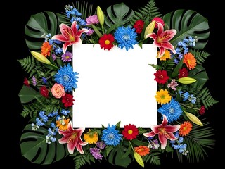Elegant floral border with monstera foliage and bright spring flowers framing a white square against a solid black backdrop.