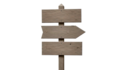 Wooden signpost with three blank boards on white background