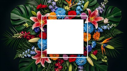 Vibrant botanical frame featuring pink lilies and tropical greenery surrounding a blank square for custom text on dark background.
