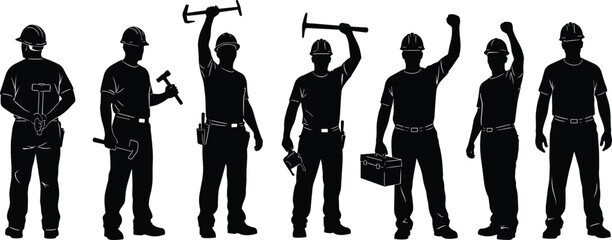 Construction worker silhouettes holding tools and celebrating teamwork isolated on white background industrial labor force vector illustration