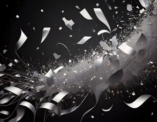 silver confetti pieces and metallic streamers fall and float against a dark black background like an explosion