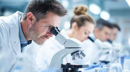 A focused scientist examines samples through a microscope in a modern lab, surrounded by colleagues engaged in research.