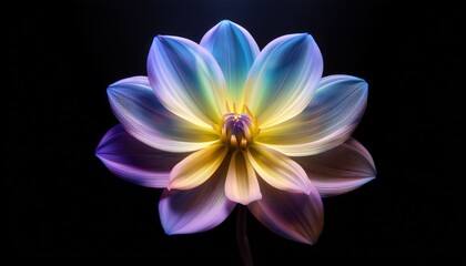 soft focus six petaled flower with pastel gradient colors of yellow blue and purple on a black background giving an ethereal aura