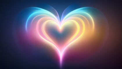 a blurred soft heart shape with gentle pastel gradients of yellow pink and light blue emitting a delicate halo on a dark background