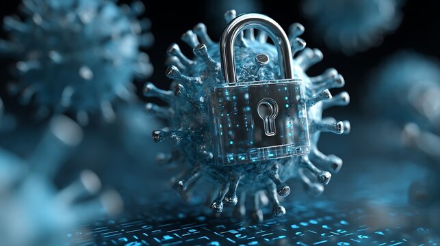 Digital padlock integrated with virus-like structure on circuitry background - Powered by Adobe