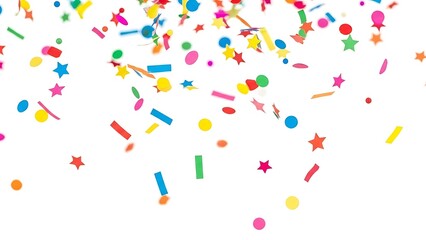 Colorful confetti pieces scattered across a white background, featuring stars, circles, and shapes in vibrant hues.