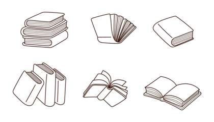 Brown outline doodle icons of books, including stacks and individual volumes, open and closed, representing literature and reading, isolated on transparent background.