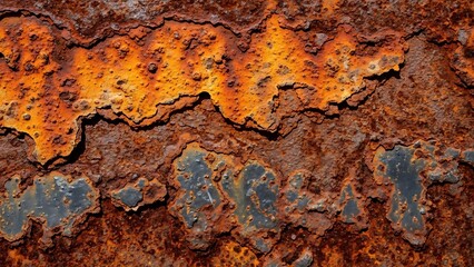 Close-up of rusted metal surface with orange and brown corrosion patches