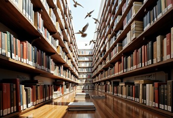 Obraz premium Expansive Library Aisle with Rows of Books and Birds Flying Overhead Highlighting the Beauty of Knowledge and Freedom Amidst Vast Wooden Shelving